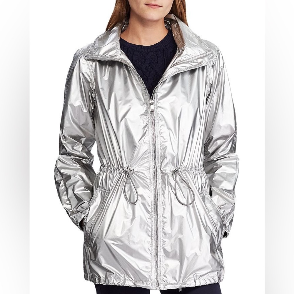 NWT Ralph Lauren Lauren Hooded Drawstring Platinum Metallic Zip Jacket  PM